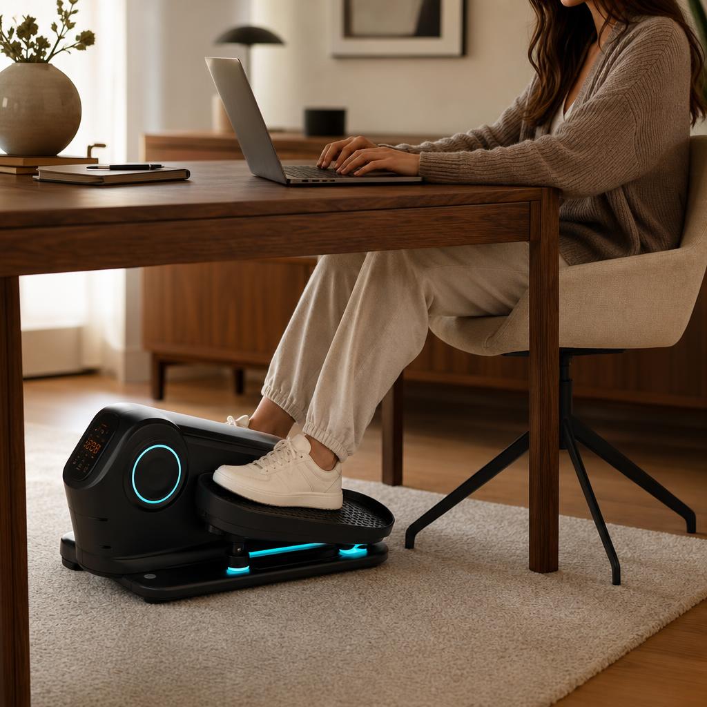 A woman working on a laptop while pedaling KYNETIC under her desk